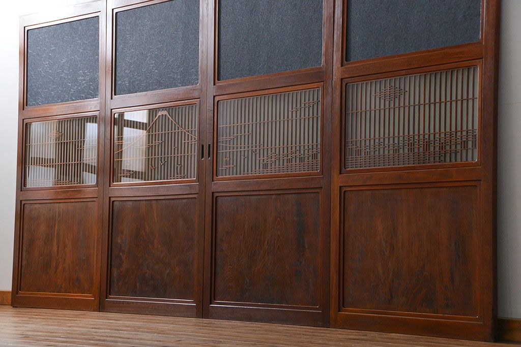古民具・骨董 モダンな和紙貼り 組子帯戸 4枚セット (ガラス戸、和風建具、ガラス帯戸)