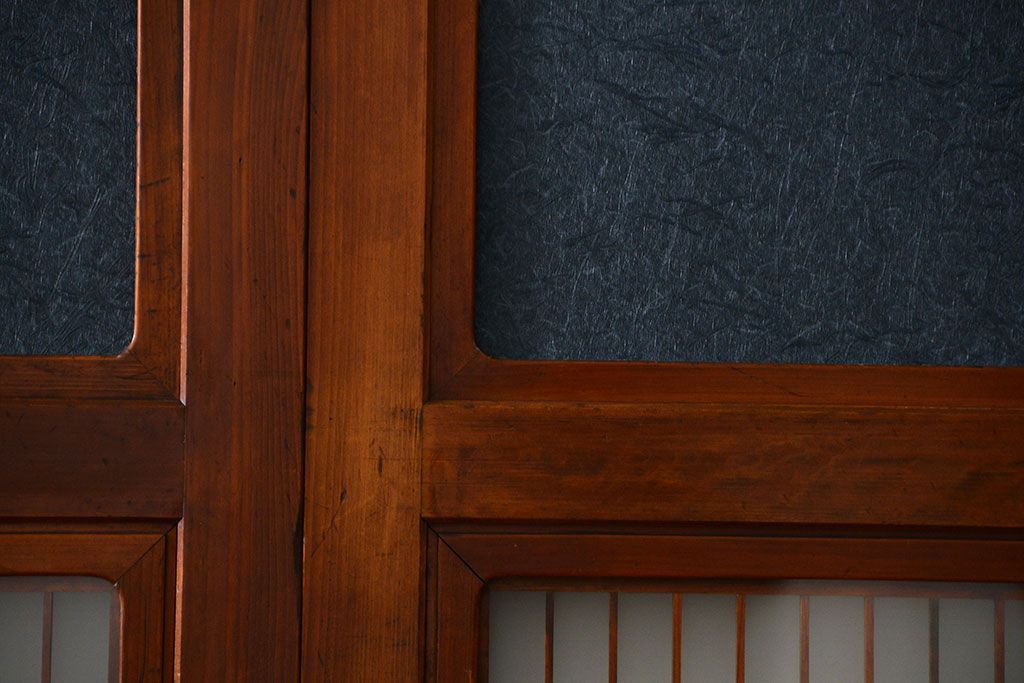 古民具・骨董 モダンな和紙貼り 組子帯戸 4枚セット (ガラス戸、和風建具、ガラス帯戸)