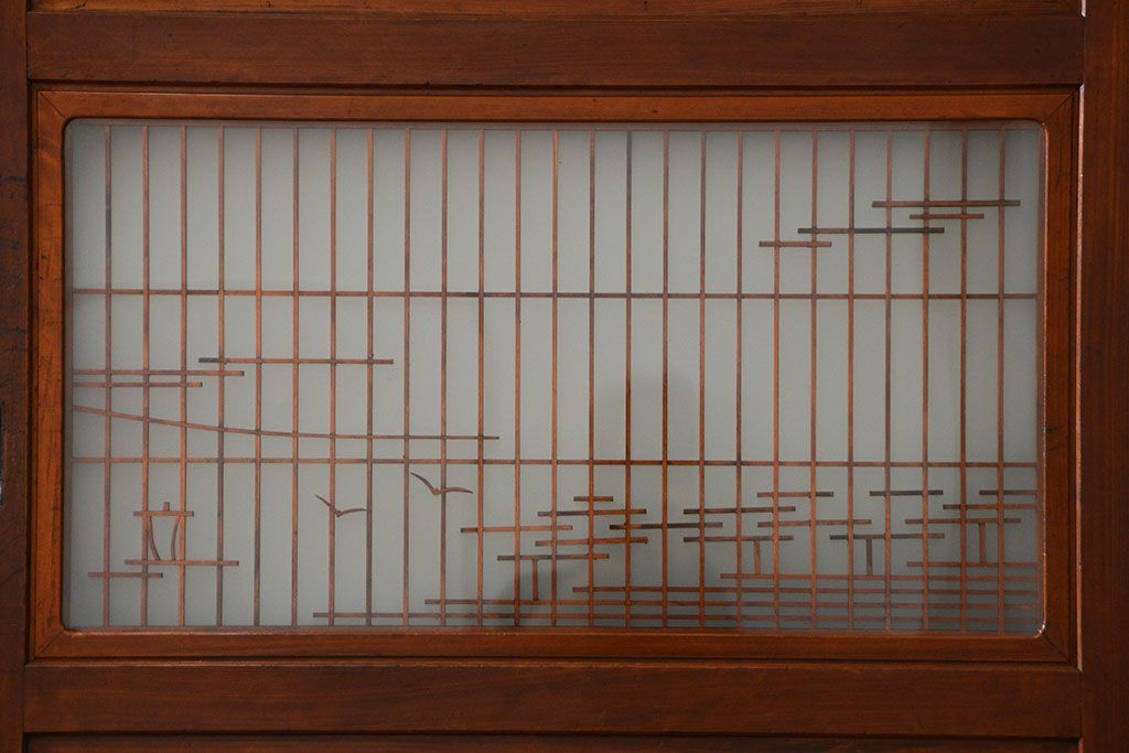 古民具・骨董 モダンな和紙貼り 組子帯戸 4枚セット (ガラス戸、和風建具、ガラス帯戸)
