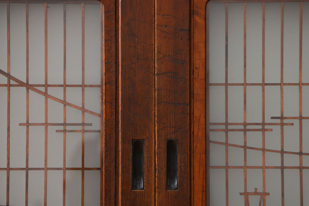 古民具・骨董 モダンな和紙貼り 組子帯戸 4枚セット (ガラス戸、和風建具、ガラス帯戸)