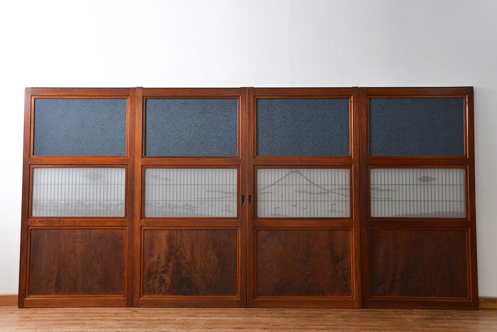 古民具・骨董 モダンな和紙貼り 組子帯戸 4枚セット (ガラス戸、和風建具、ガラス帯戸)