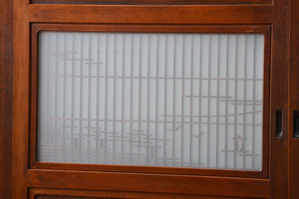 古民具・骨董 モダンな和紙貼り 組子帯戸 4枚セット (ガラス戸、和風建具、ガラス帯戸)