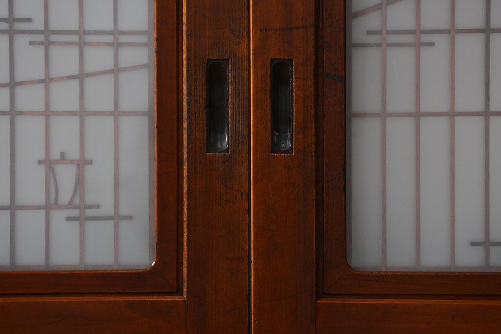 古民具・骨董 モダンな和紙貼り 組子帯戸 4枚セット (ガラス戸、和風建具、ガラス帯戸)