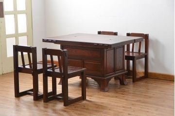中古 杢目の美しいニレ材 重厚な囲炉裏ダイニングテーブルとダイニングチェア4脚セット