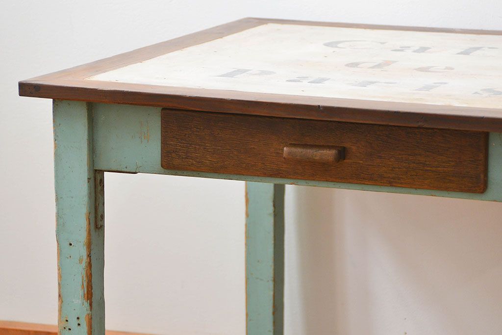 アンティーク家具　フランスアンティーク　古いペイントの引き出し付きテーブル(机、在宅ワーク、在宅用デスク)