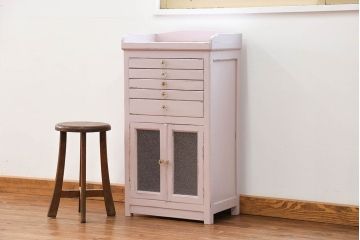 アンティーク家具　アンティークペイント　ダイヤガラスが入ったガラス取っ手の収納棚(デンタルキャビネット・ケビント)
