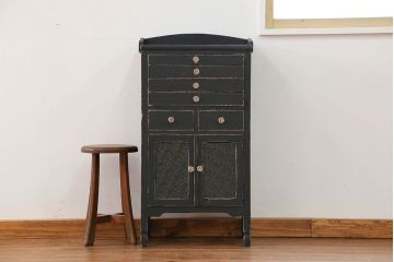 アンティーク家具　アンティークペイント ガラスの取っ手付き ダイヤガラスデンタルキャビネット(3)(収納棚、ケビント)