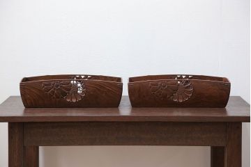 アンティーク雑貨　古民具・骨董 総桑材 江戸 指物 銀の隅金具付き 透かし彫り 煙草盆 2個セット(小物入れ)