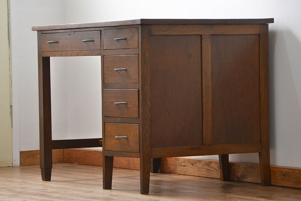 アンティーク家具　アンティーク 古いナラ材の重厚な片袖机(デスク)