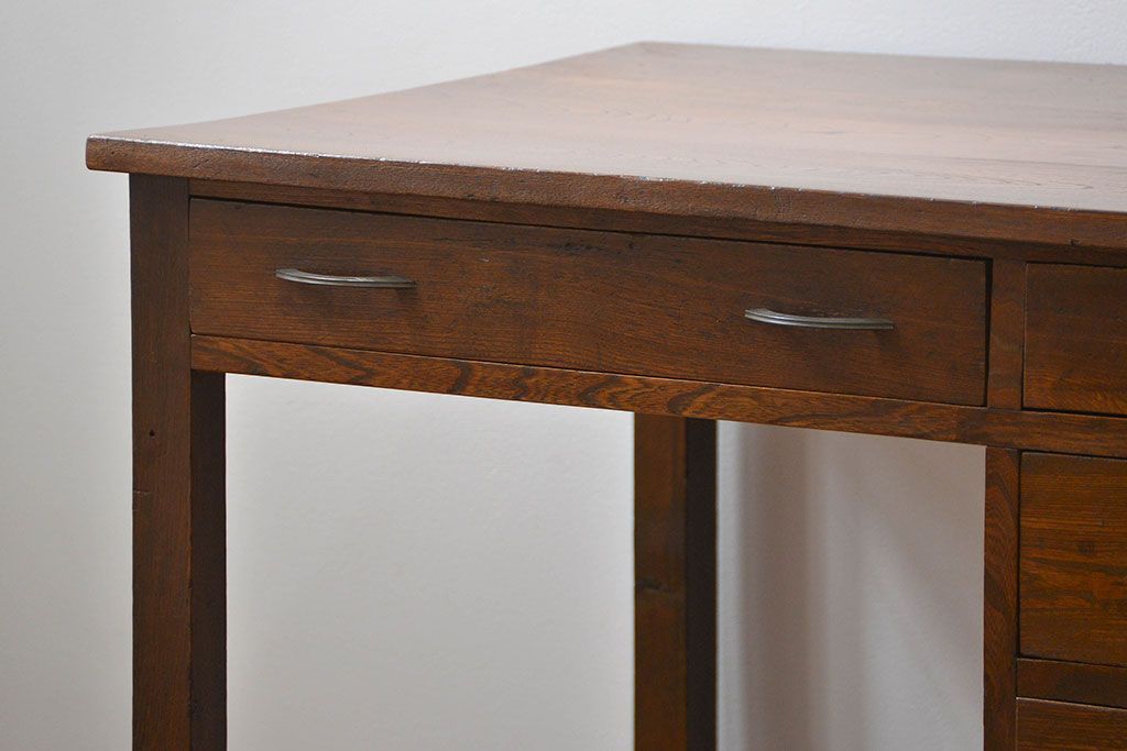 アンティーク家具　アンティーク 古いナラ材の重厚な片袖机(デスク)