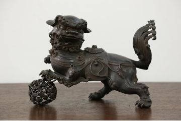 明治〜大正 古銅獅子香炉(古美術置物)(R-014339)