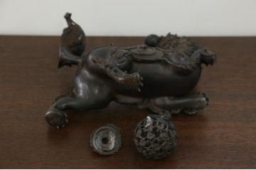 明治〜大正 古銅獅子香炉(古美術置物)(R-014339)
