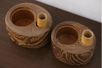 アンティーク雑貨　古民具・骨董 古い桐材!刳り貫き煙草盆2個セット(2)