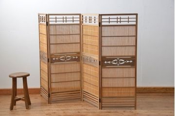 昭和レトロ 繊細で上質な四連衝立て (四つ折り衝立て)