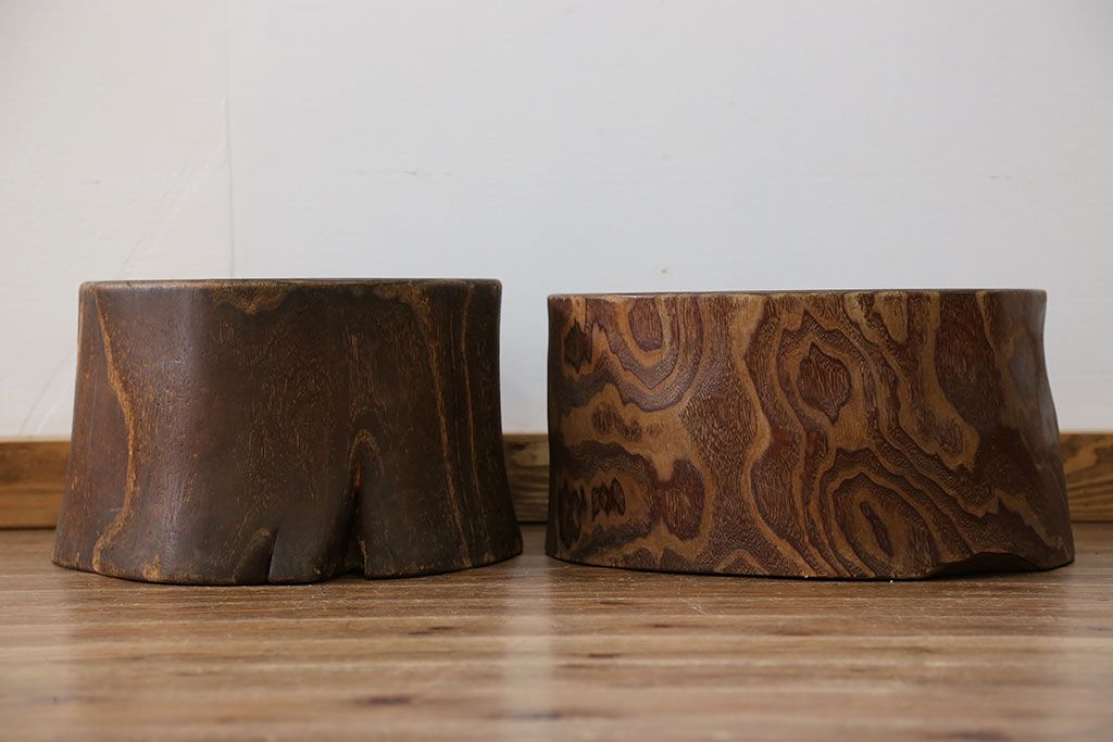 アンティーク雑貨　アンティーク 古い刳り貫き桐火鉢2個セット(鉢カバー)