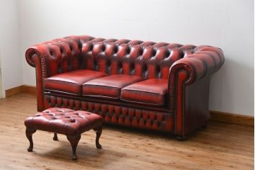 中古 イギリス直輸入 本革 チェスターフィールド ソファ オットマン