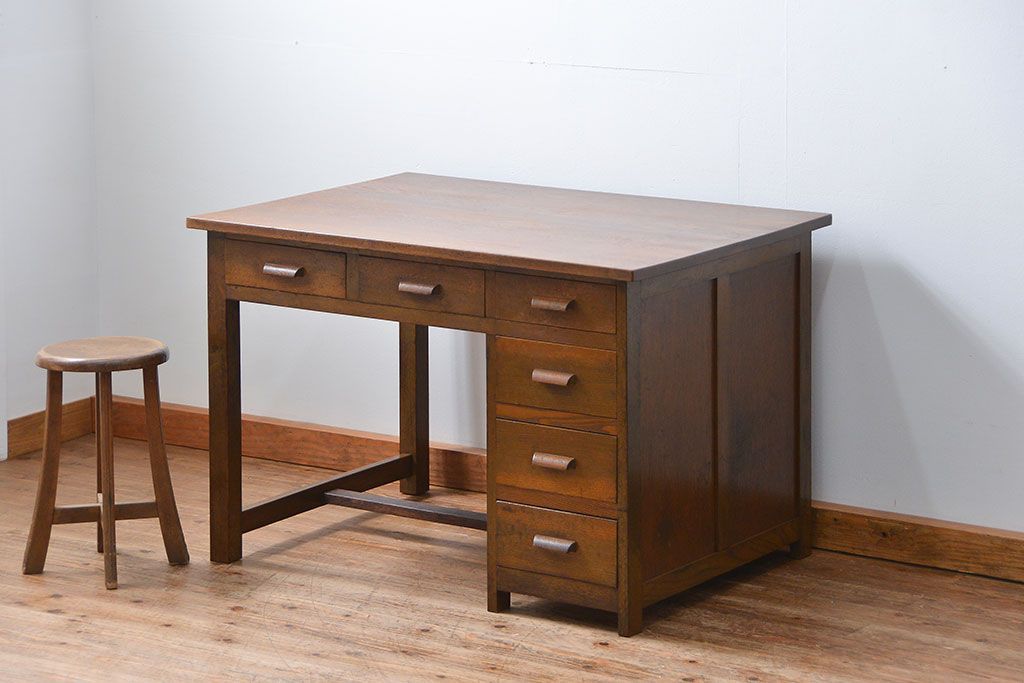 アンティーク家具　アンティーク 古いナラ材の片袖机(テーブル、作業台)