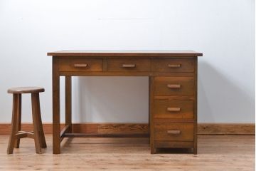 アンティーク家具　アンティーク 古いナラ材の片袖机(テーブル、作業台)