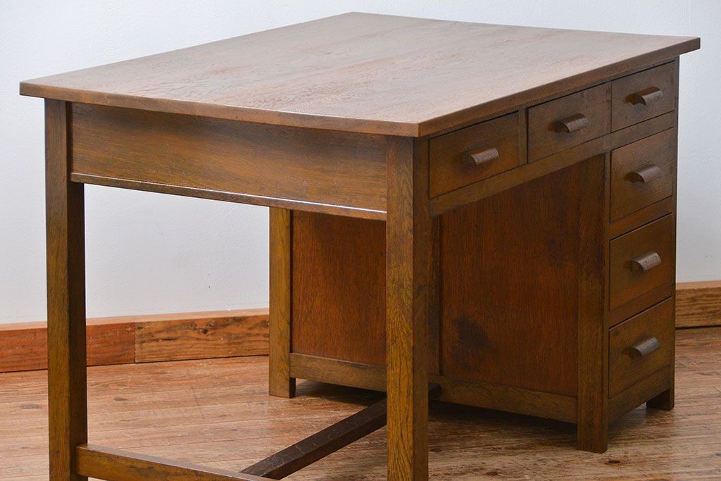 アンティーク家具　アンティーク 古いナラ材の片袖机(テーブル、作業台)