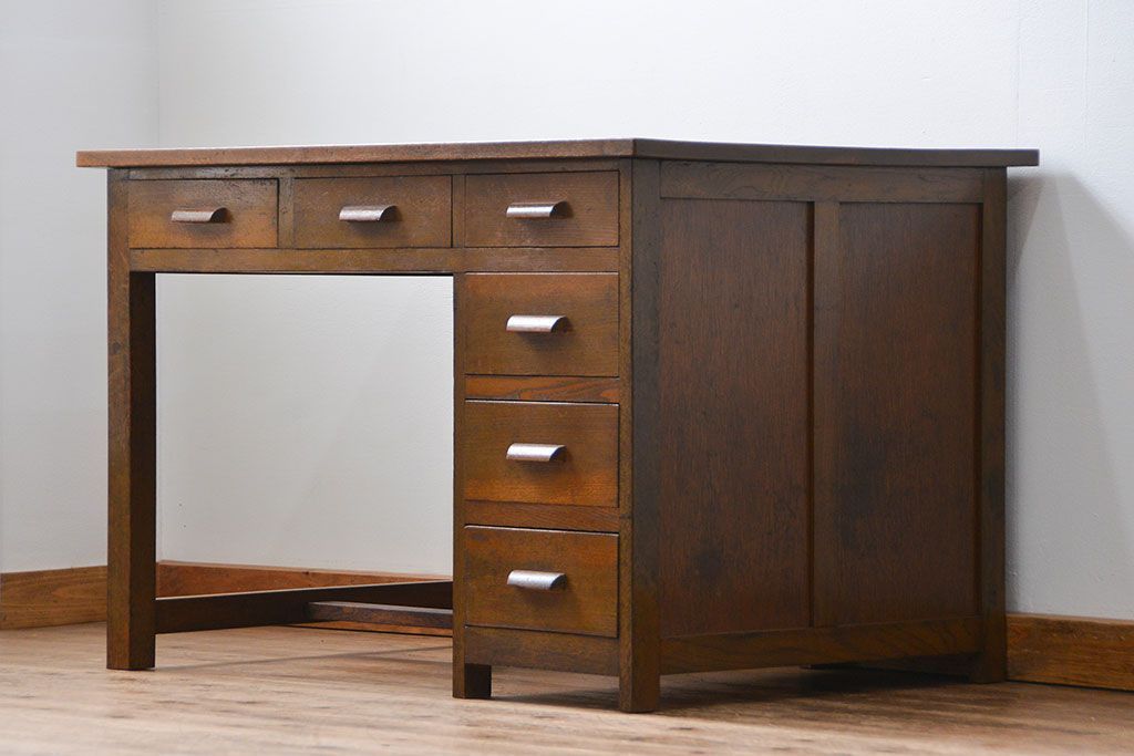 アンティーク家具　アンティーク 古いナラ材の片袖机(テーブル、作業台)