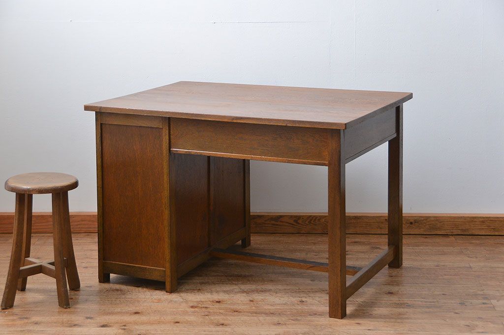 アンティーク家具　アンティーク 古いナラ材の片袖机(テーブル、作業台)