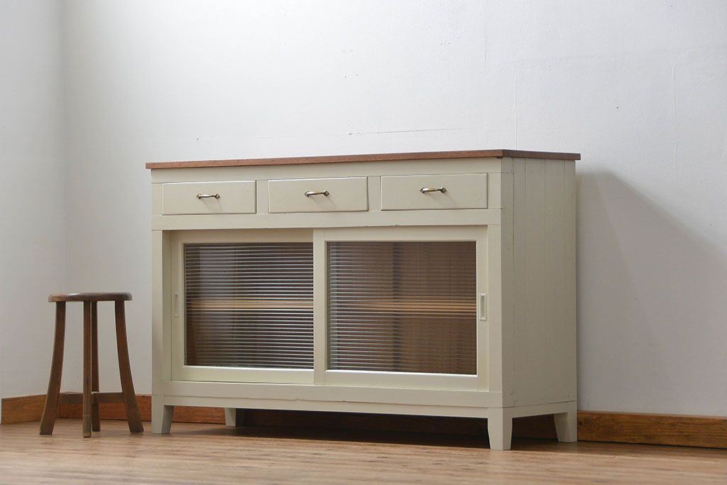 アンティーク家具　アンティーク リメイク品 モールガラスペイント キッチンキャビネット(カウンターテーブル)