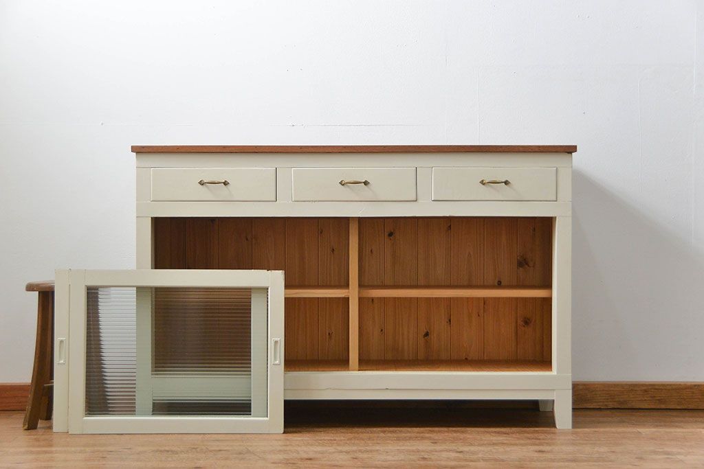 アンティーク家具　アンティーク リメイク品 モールガラスペイント キッチンキャビネット(カウンターテーブル)