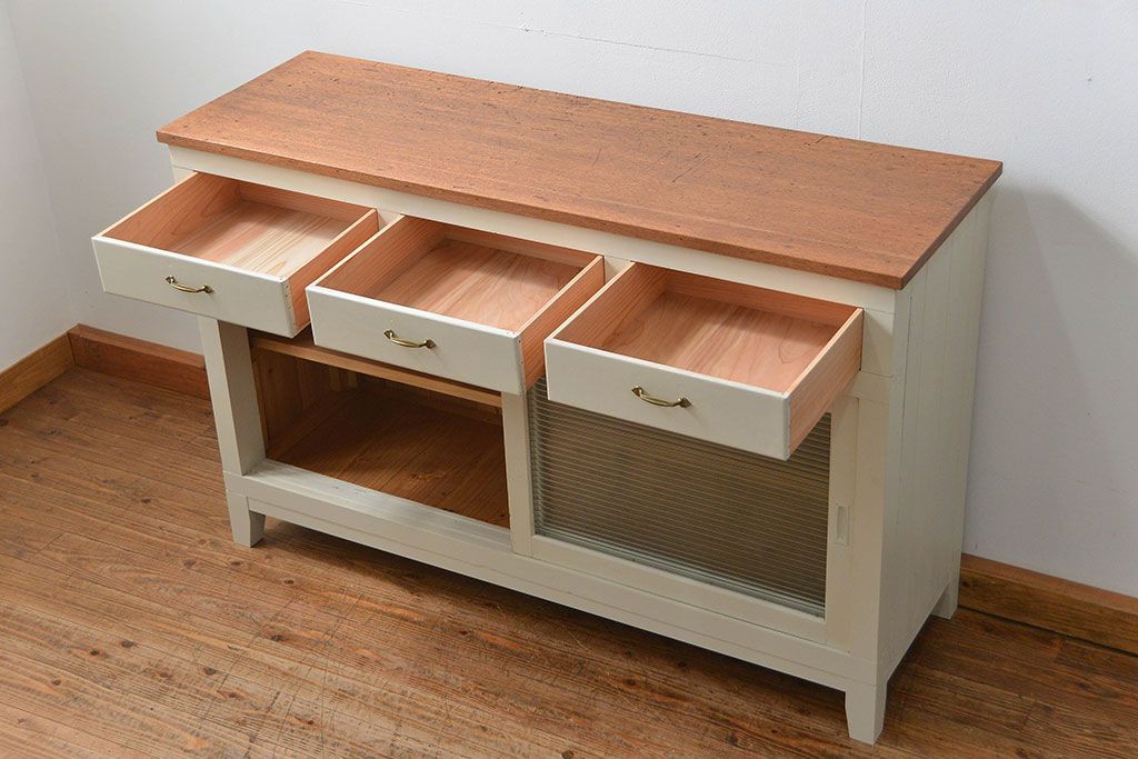 アンティーク家具　アンティーク リメイク品 モールガラスペイント キッチンキャビネット(カウンターテーブル)