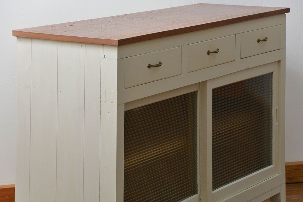 アンティーク家具　アンティーク リメイク品 モールガラスペイント キッチンキャビネット(カウンターテーブル)