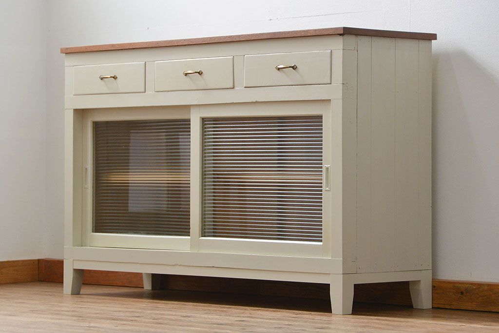 アンティーク家具　アンティーク リメイク品 モールガラスペイント キッチンキャビネット(カウンターテーブル)