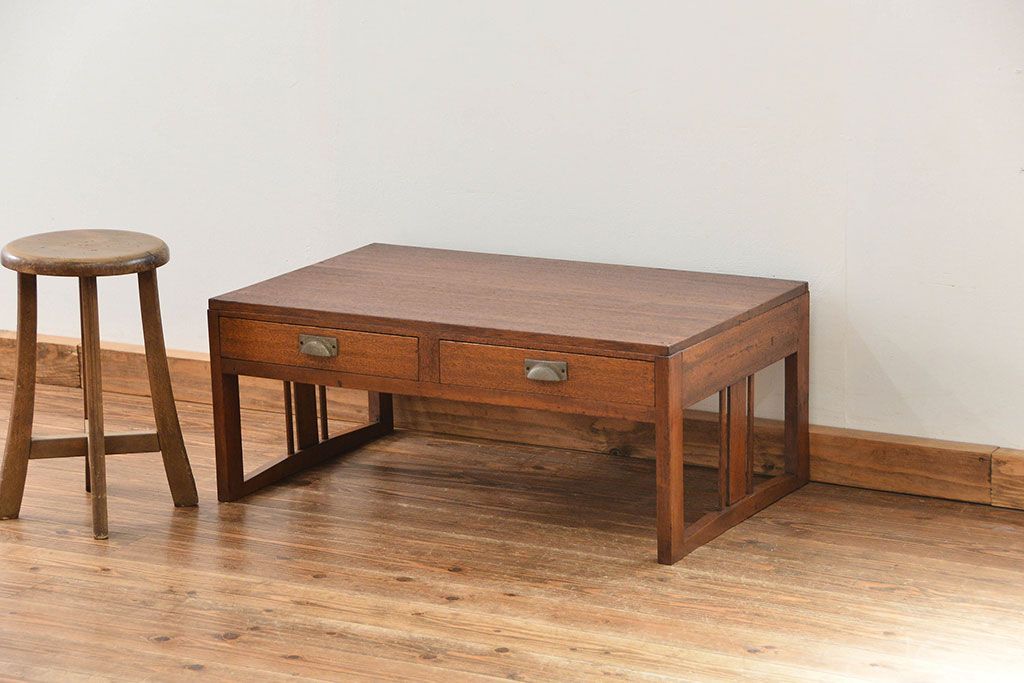 レトロ家具　昭和レトロ シンプルな2杯引き出し平机(テーブル)