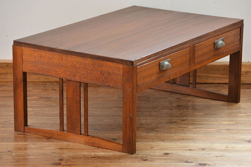 レトロ家具　昭和レトロ シンプルな2杯引き出し平机(テーブル)