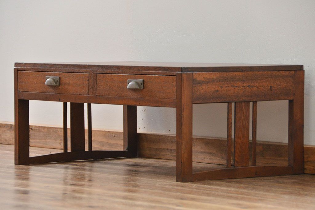 レトロ家具　昭和レトロ シンプルな2杯引き出し平机(テーブル)