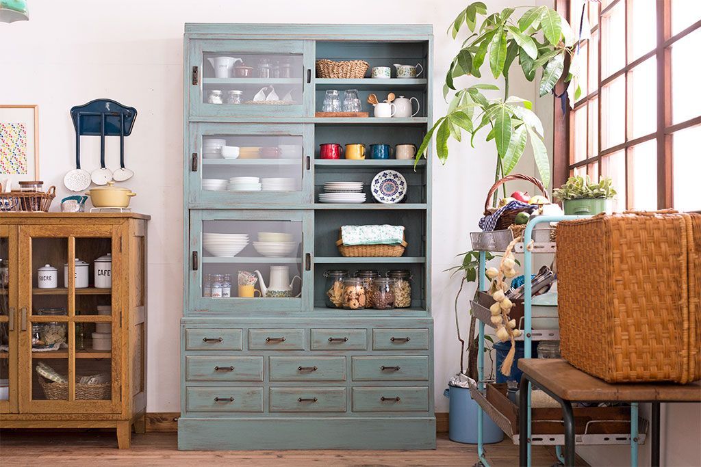 アンティーク家具　アンティークペイント 引き出し10杯 2段重ね食器棚(収納棚)