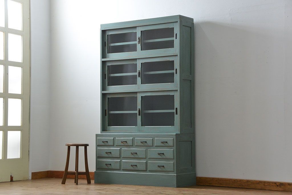 アンティーク家具　アンティークペイント 引き出し10杯 2段重ね食器棚(収納棚)