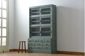 アンティーク家具　アンティークペイント 引き出し10杯 2段重ね食器棚(収納棚)