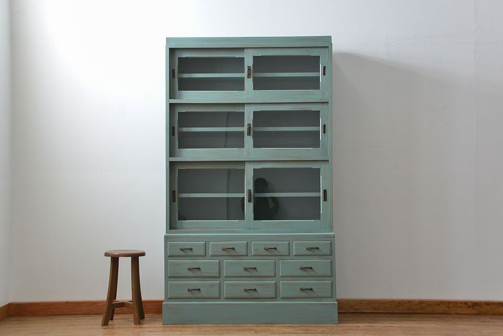 アンティーク家具　アンティークペイント 引き出し10杯 2段重ね食器棚(収納棚)