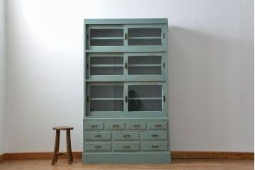 アンティーク家具　アンティークペイント 引き出し10杯 2段重ね食器棚(収納棚)