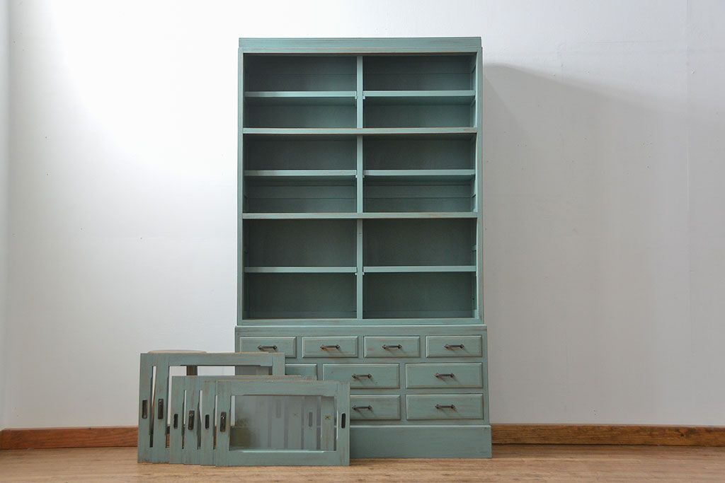 アンティーク家具　アンティークペイント 引き出し10杯 2段重ね食器棚(収納棚)