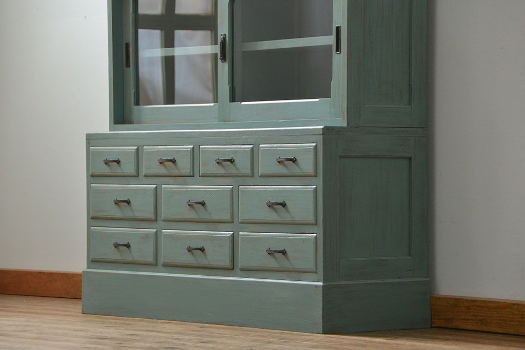 アンティーク家具　アンティークペイント 引き出し10杯 2段重ね食器棚(収納棚)