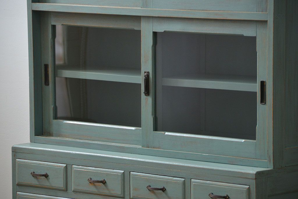 アンティーク家具　アンティークペイント 引き出し10杯 2段重ね食器棚(収納棚)