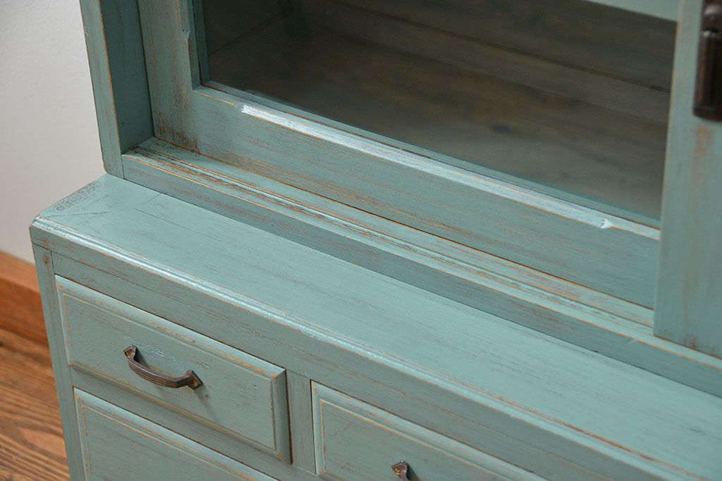 アンティーク家具　アンティークペイント 引き出し10杯 2段重ね食器棚(収納棚)