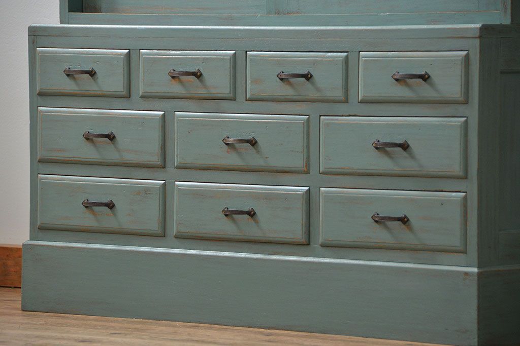 アンティーク家具　アンティークペイント 引き出し10杯 2段重ね食器棚(収納棚)