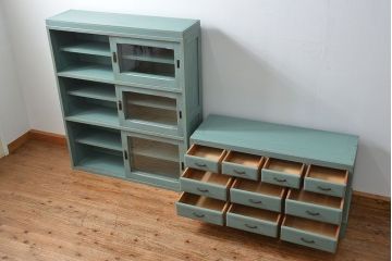 アンティーク家具　アンティークペイント 引き出し10杯 2段重ね食器棚(収納棚)