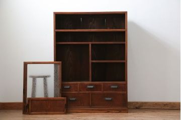 アンティーク家具　古民具・骨董 前面欅材の結霜ガラス茶箪笥(収納棚)
