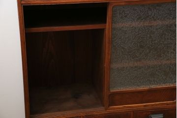 アンティーク家具　古民具・骨董 前面欅材の結霜ガラス茶箪笥(収納棚)