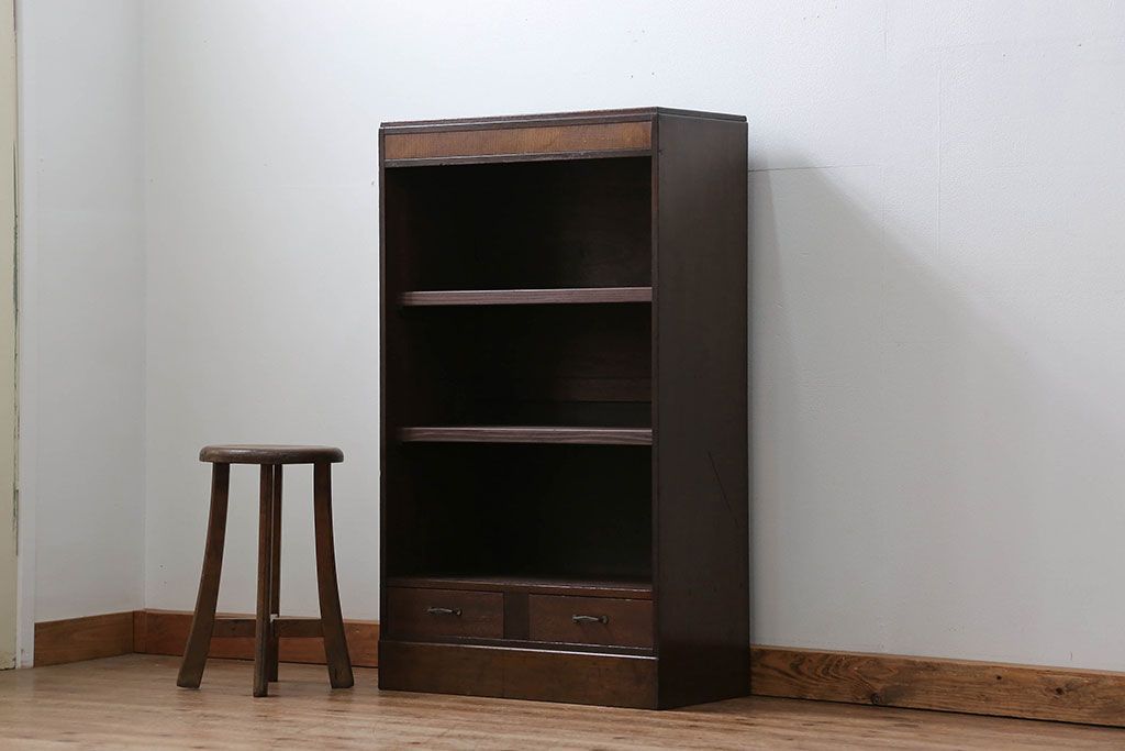 レトロ家具　昭和レトロ 古い木の引き出し付き本棚(飾り棚)