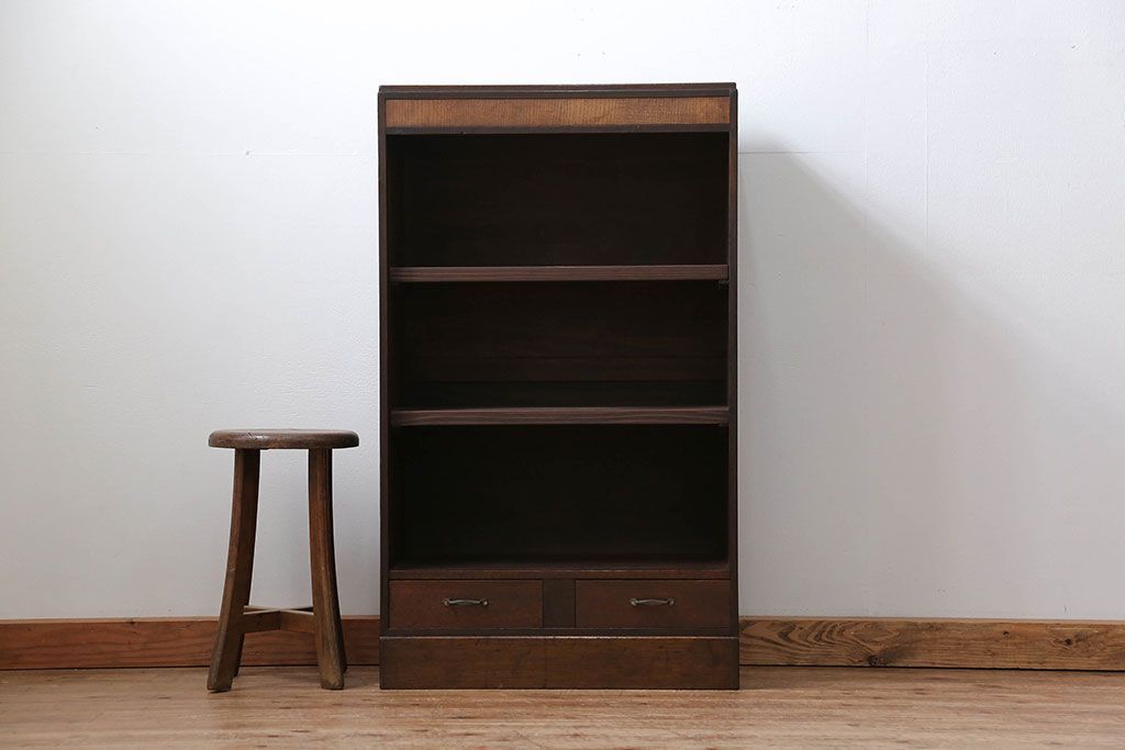 レトロ家具　昭和レトロ 古い木の引き出し付き本棚(飾り棚)