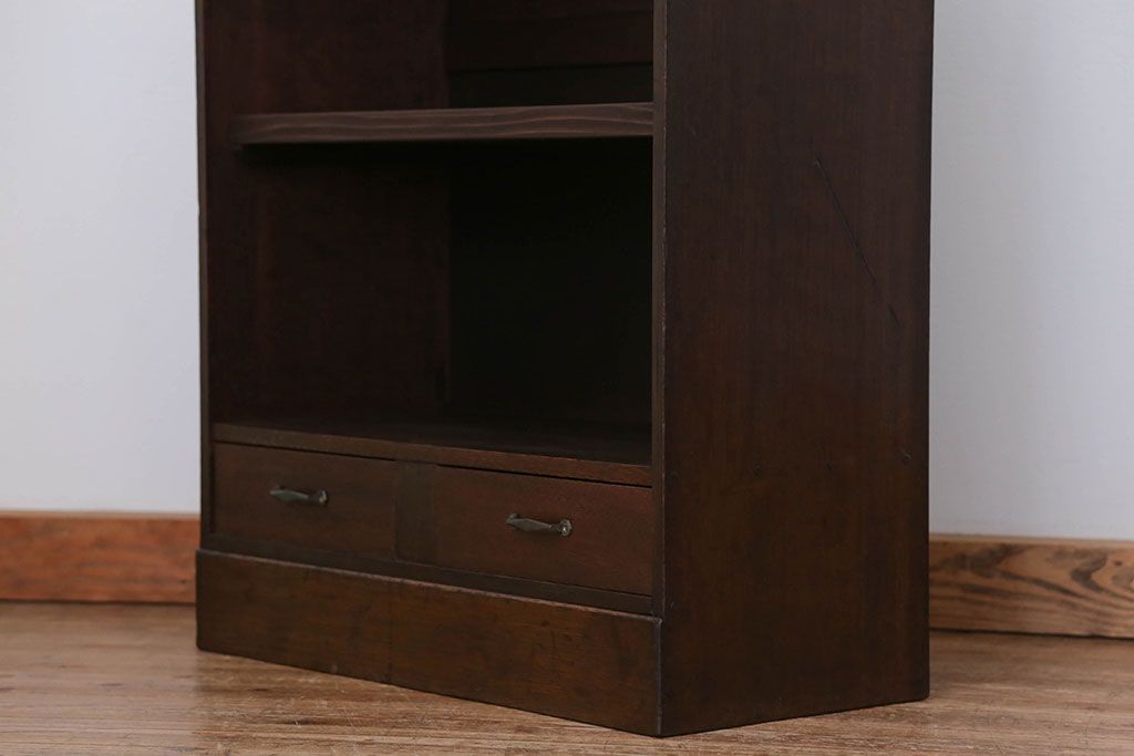 レトロ家具　昭和レトロ 古い木の引き出し付き本棚(飾り棚)
