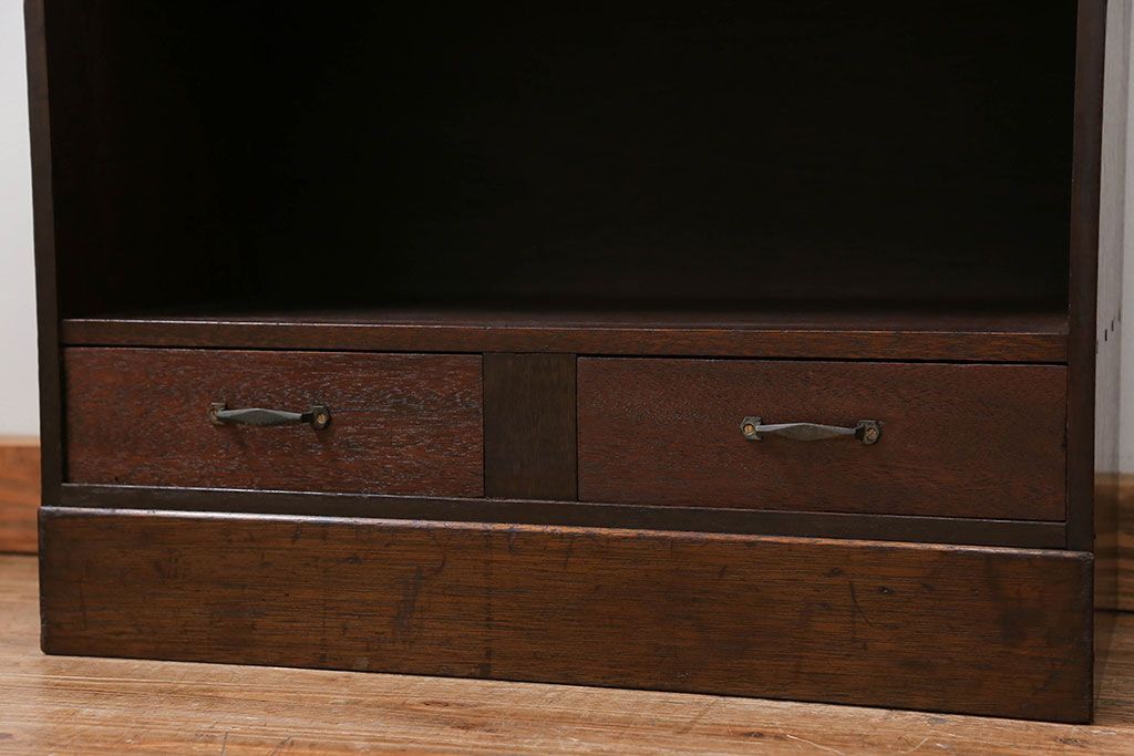 レトロ家具　昭和レトロ 古い木の引き出し付き本棚(飾り棚)